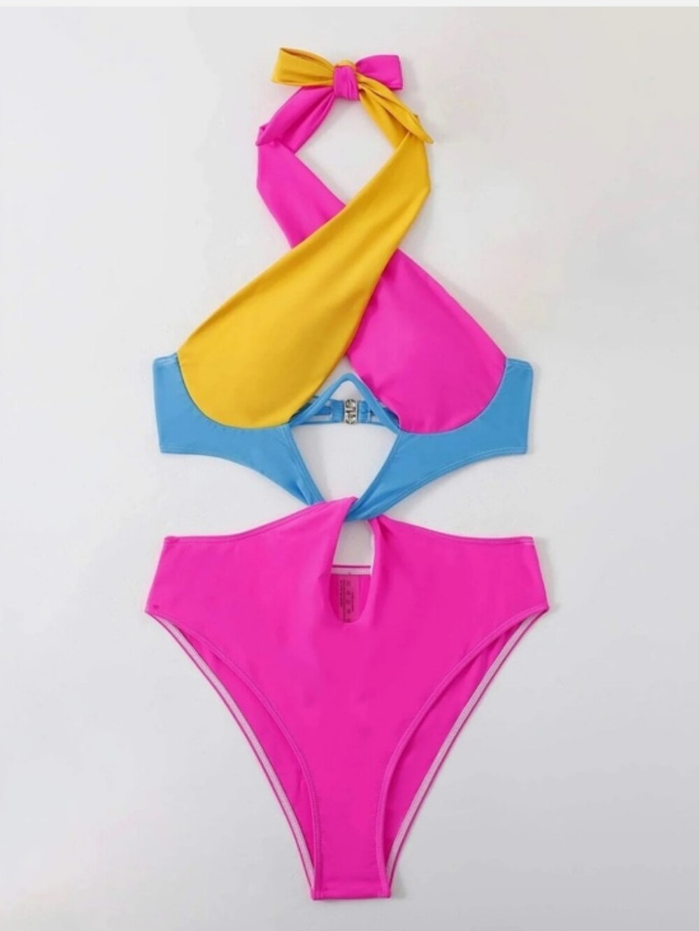 Colorblock Halter One-Piece Swimsuit in Pink, Yellow & Blue - Picture 2 of 5